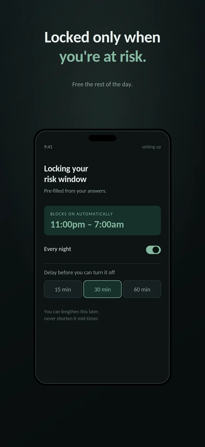 App Store screenshot headlined Locked only when you're at risk. Free the rest of the day. A phone shows a schedule that blocks automatically from 11:00pm to 7:00am every night, with a disable delay of 15, 30 or 60 minutes and 30 selected.