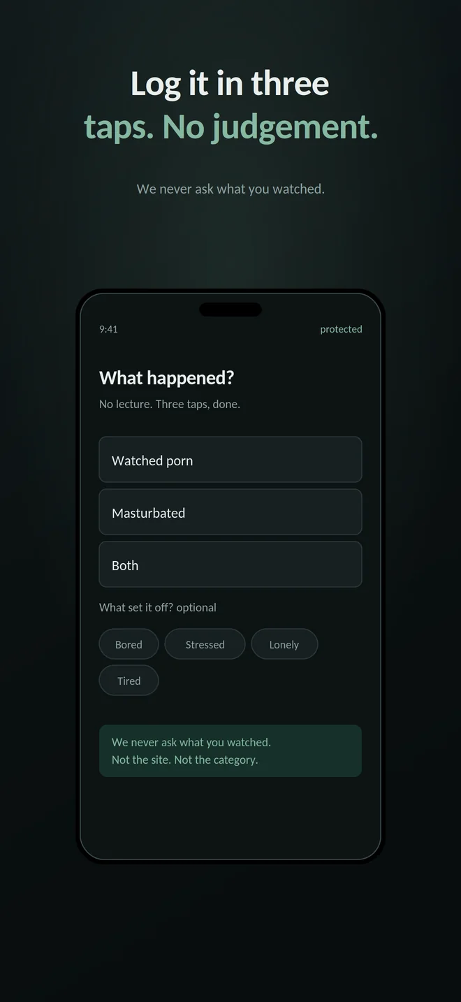 App Store screenshot headlined Log it in three taps. No judgement. We never ask what you watched. A phone shows three buttons — Watched porn, Masturbated, Both — optional mood chips for Bored, Stressed, Lonely and Tired, and a note reading We never ask what you watched. Not the site. Not the category.